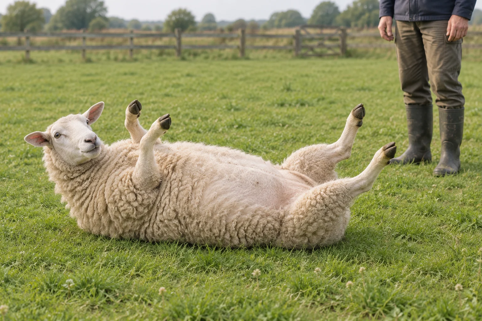 Een schaap ligt op zijn rug in een grasweide, met een persoon ernaast.
