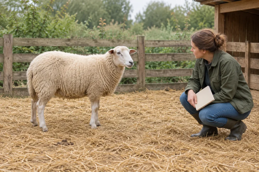 Een schaap staat op stro in een houten omheining. Een gehurkte vrouw kijkt naar het dier en houdt een gesloten notitieboek vast. Op de voorgrond liggen enkele keutels.