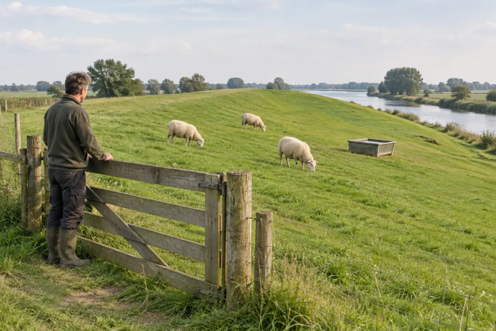 Illustratie van drie schapen die grazen op een grasdijk langs water, met een persoon bij een houten hek en een drinkbak.
