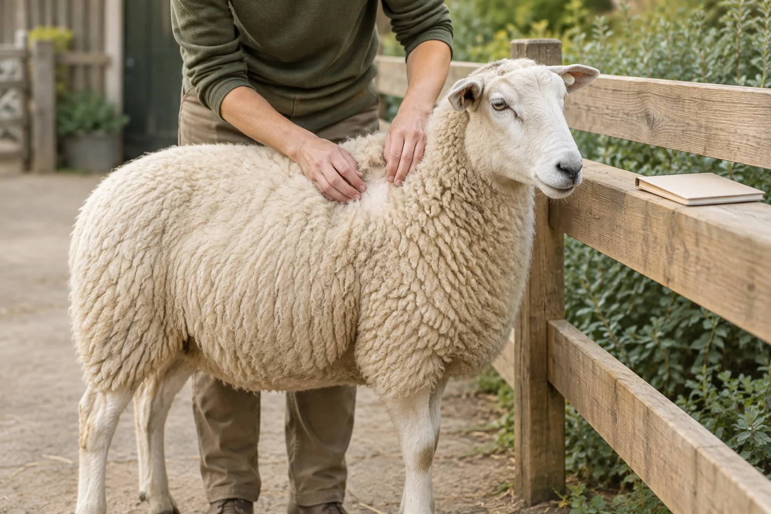 Een verzorger houdt de wol bij de schouder van een rustig schaap opzij. Naast het schaap ligt een gesloten notitieboek op een houten hek.