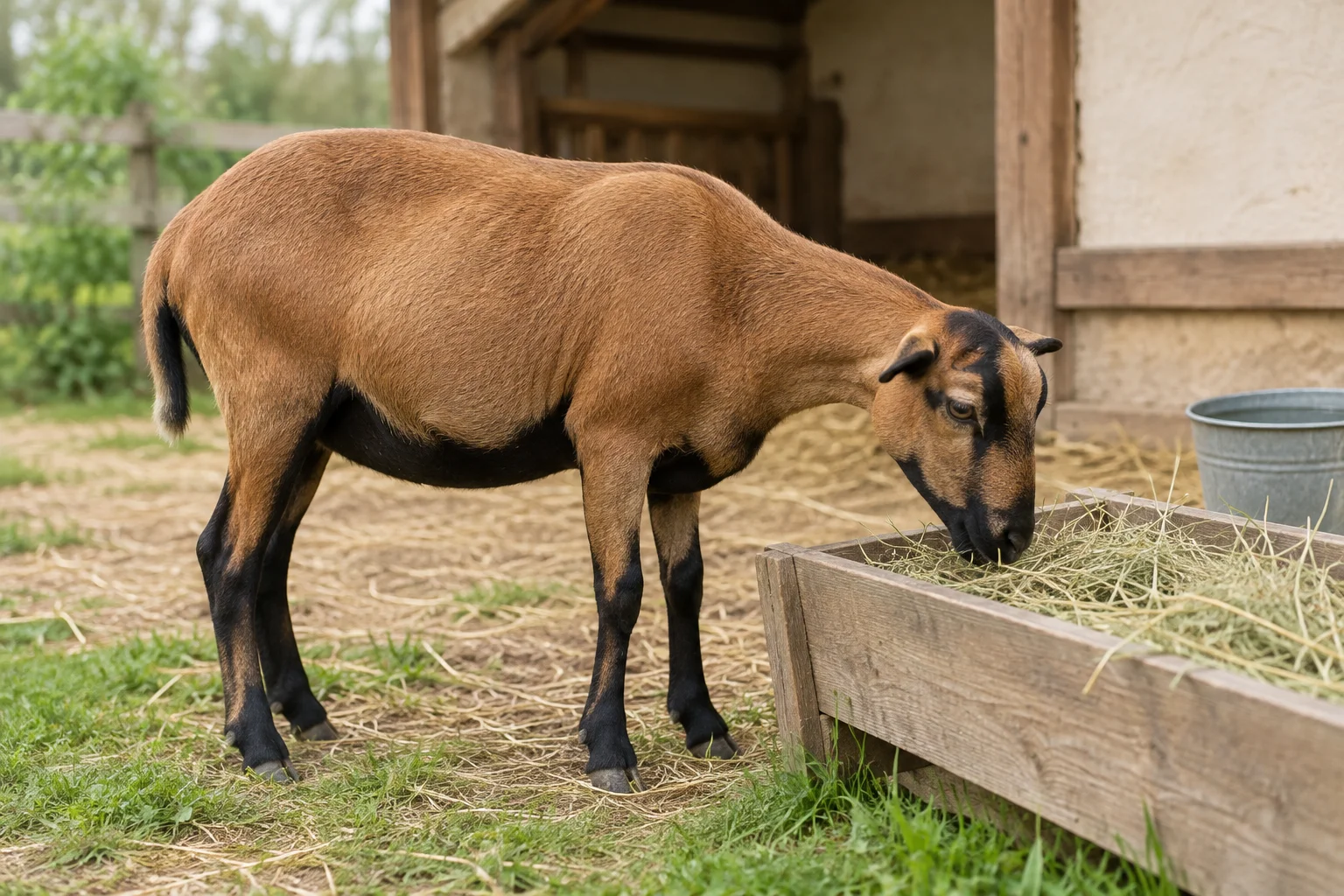 Een bruin schaap met donkere kop, buik en poten staat bij een houten voerbak met hooi. Achter de voerbak staat een wateremmer.