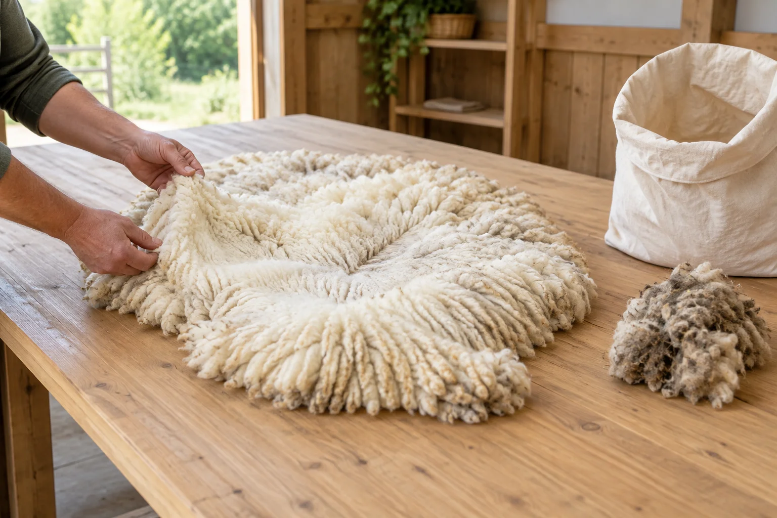 Handen bekijken een lichte schapenvacht op een houten tafel. Ernaast liggen een donkere pluk wol en een open stoffen zak.