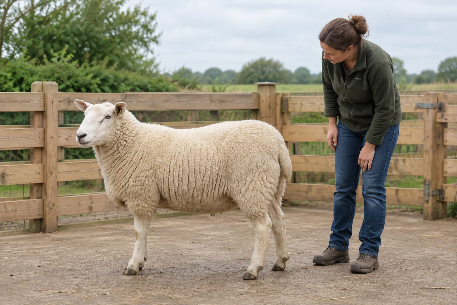 Een vrouw kijkt naar een wit schaap dat in een houten omheining staat.