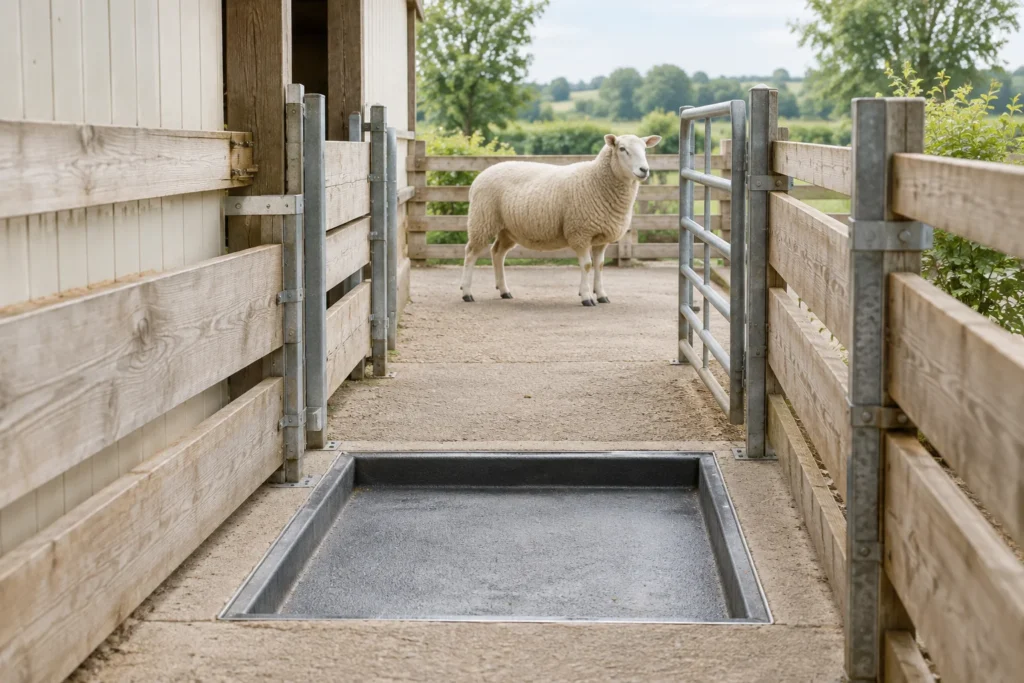 Een leeg voetbad ligt in een omheinde loopgang. Achter een open hek staat een wit schaap op een droge ondergrond.