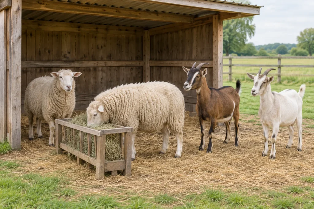 Twee schapen en twee geiten bij een lage hooiruif naast een open houten schuilstal.