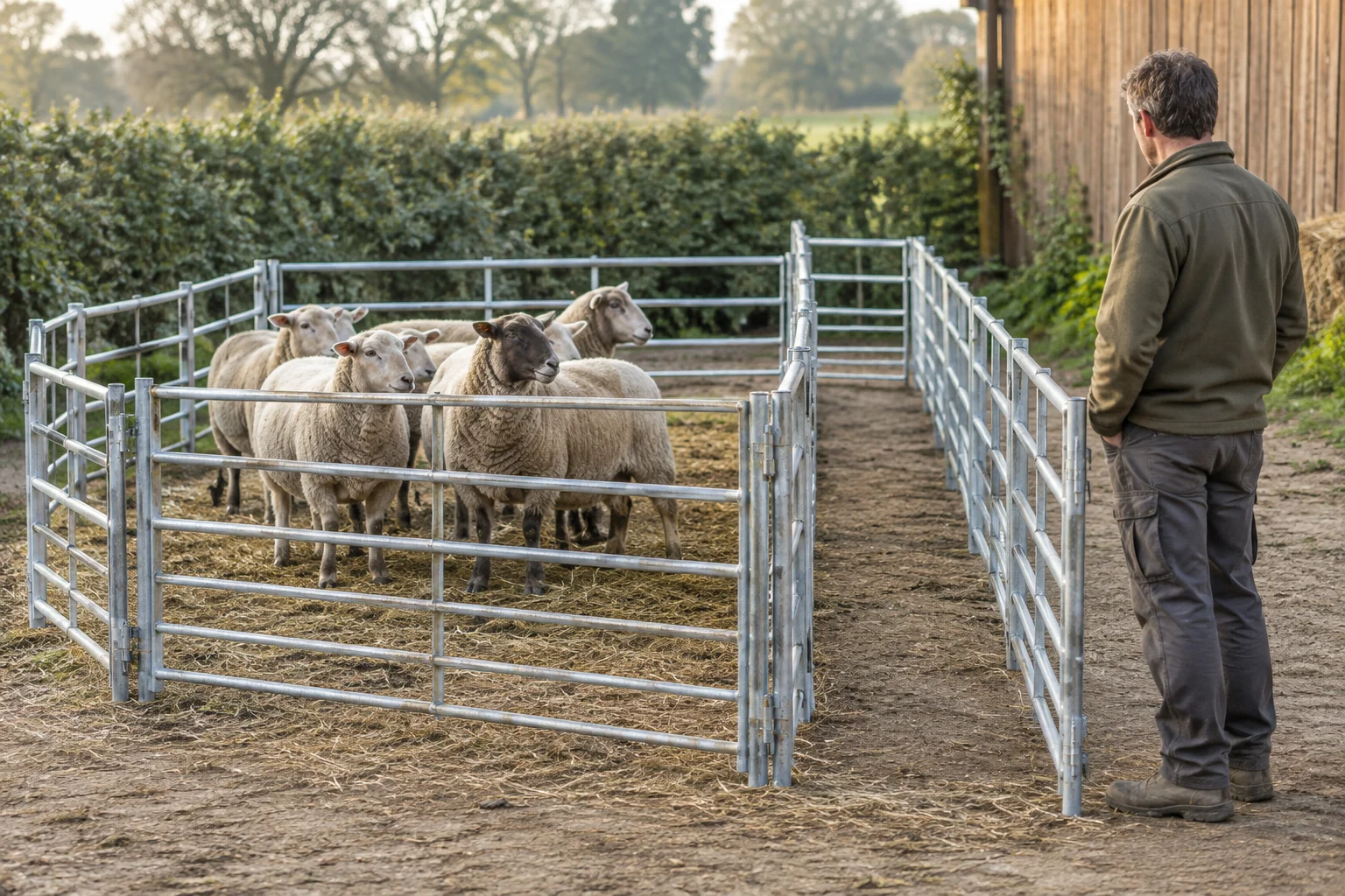 Een groep schapen staat tussen metalen panelen op een erf. Naast het verblijf loopt een lege doorgang; een persoon staat buiten de panelen.