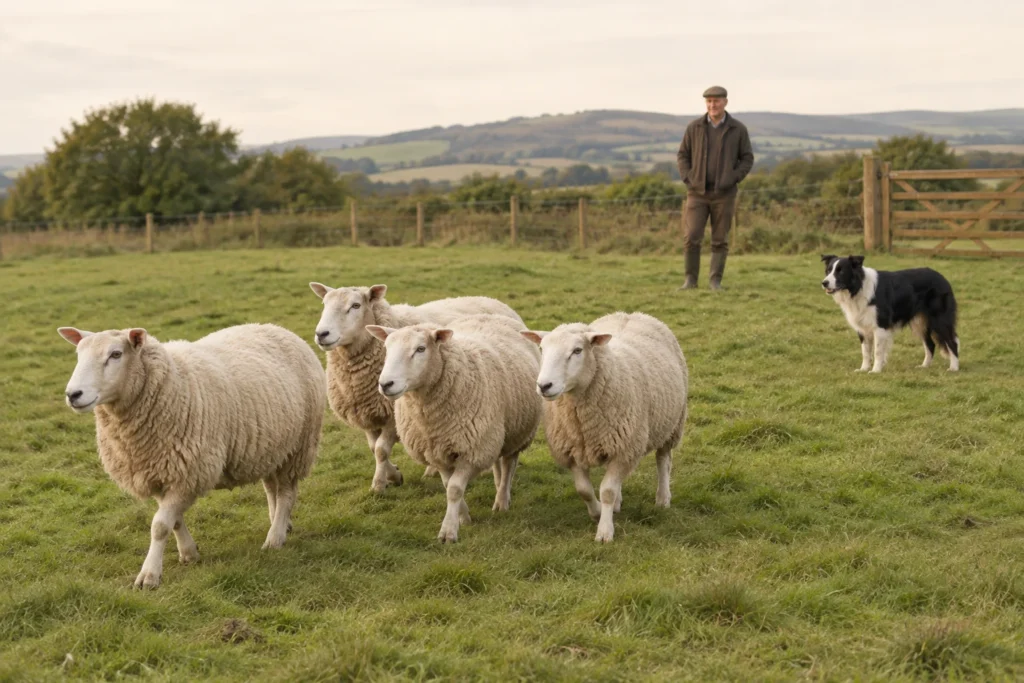 Vier witte schapen lopen door een weiland, met een zwart witte hond op afstand achter hen en een persoon bij een houten hek.