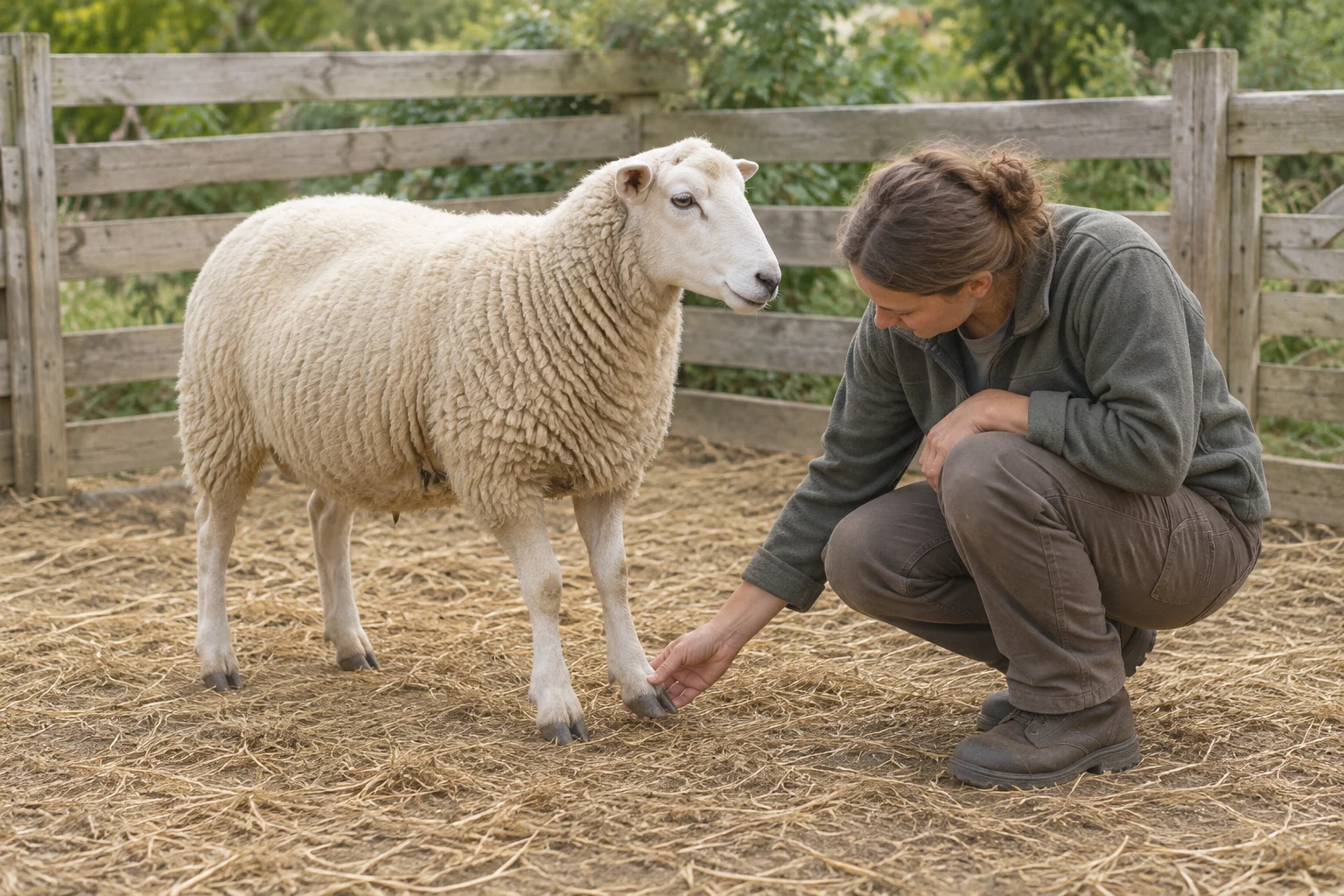 Een schaap staat in een met stro bedekte omheining terwijl een gehurkte houder een voorhoef bekijkt.