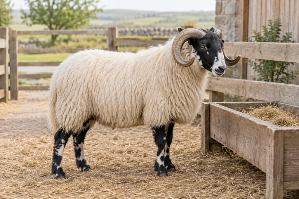 Een schaap met witte vacht, zwart gezicht en gekrulde hoorns staat op stro naast een houten voerbak met hooi.