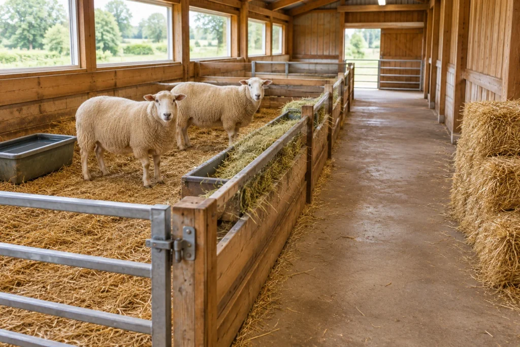 Twee schapen staan op stro in een stal, naast een hooiruif en een waterbak. Langs het hok loopt een vrij gangpad.