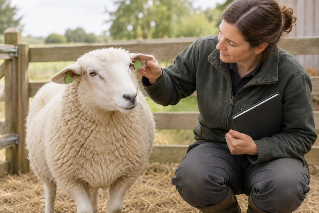 Een vrouw controleert een groen oormerk van een wit schaap bij een houten omheining.