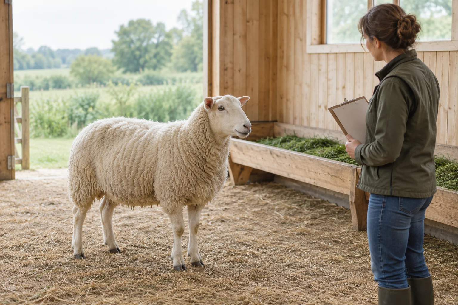 Een wit, wollig schaap staat in een stal naast een voerbak, terwijl een houder met een leeg klembord toekijkt.