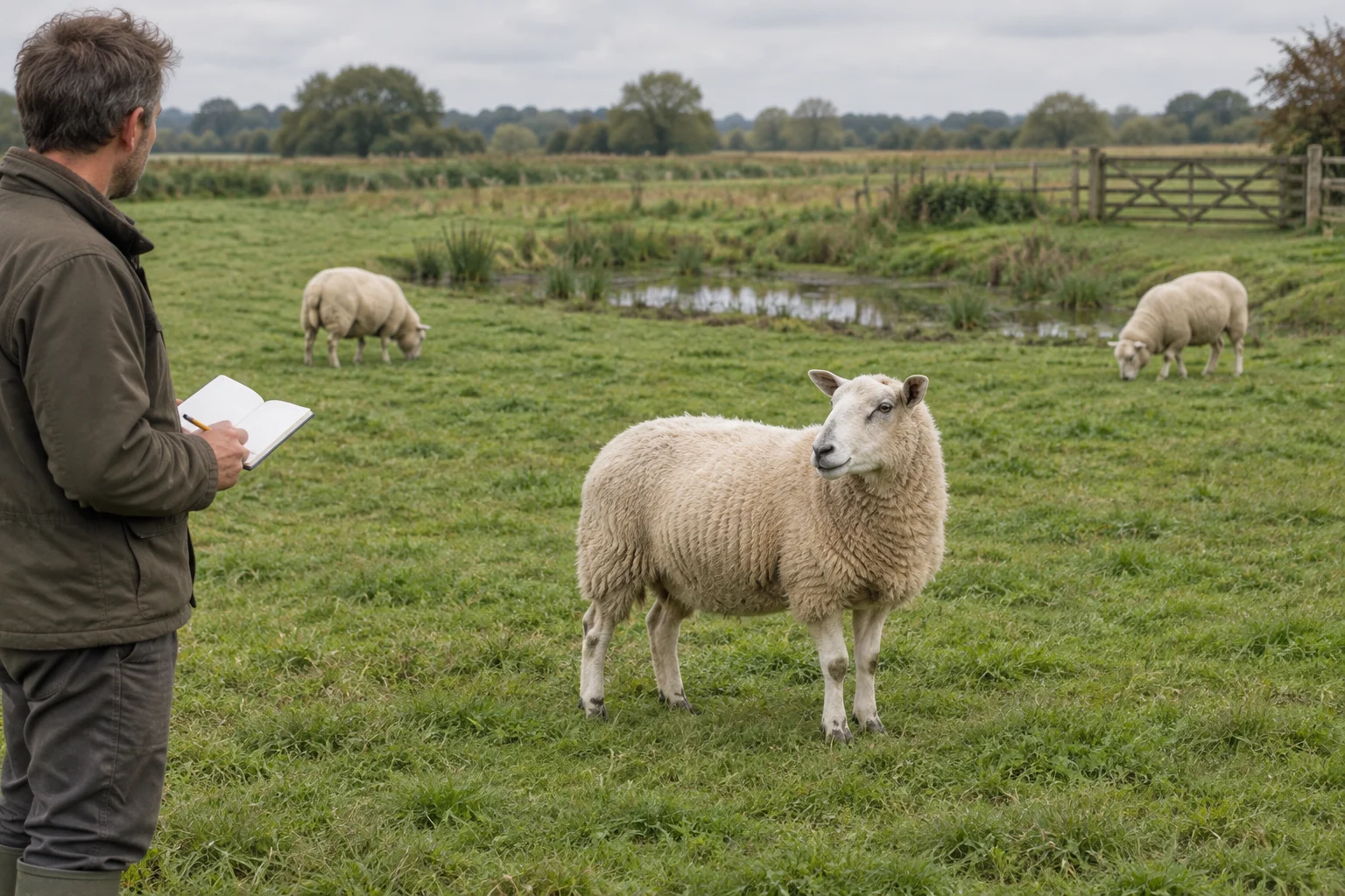 Een schaap staat op grasland terwijl een houder met een open notitieboek naar de kudde en een natte plek in de wei kijkt.