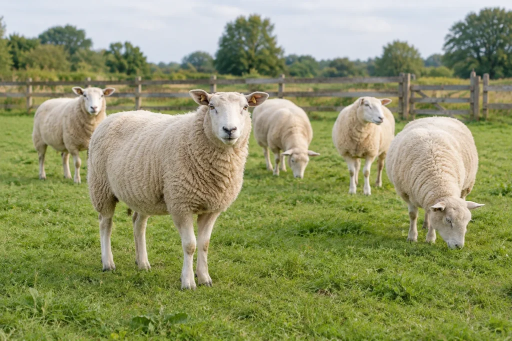 Vijf schapen in een omheinde groene weide, met één schaap op de voorgrond.