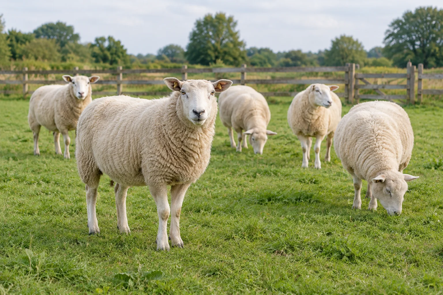 Vijf schapen in een omheinde groene weide, met één schaap op de voorgrond.