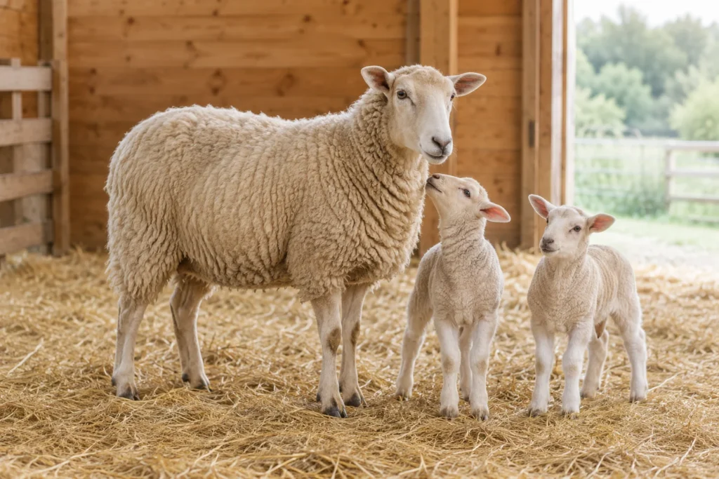 Een ooi staat met twee lammeren op stro in een stal.