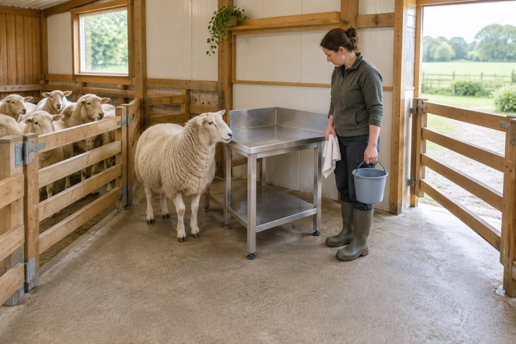 Illustratie van een vrouw met een emmer en doek naast een werktafel in een schapenstal. Eén schaap staat bij de tafel en andere schapen staan achter een hek.
