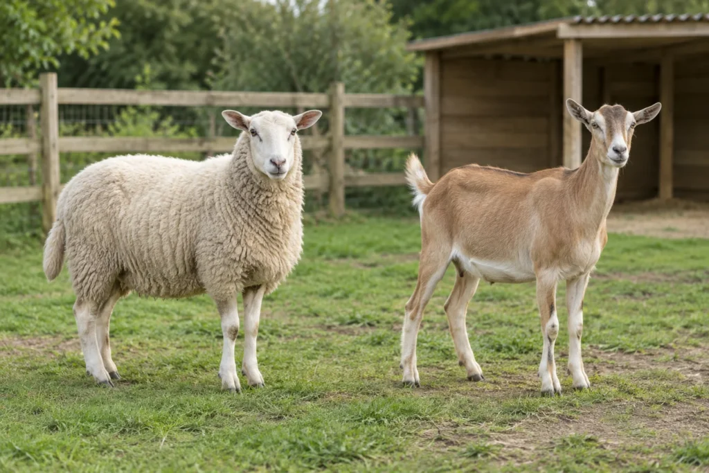 Een wit schaap en een bruine geit staan naast elkaar op gras, met een houten hek en schuilstal op de achtergrond.