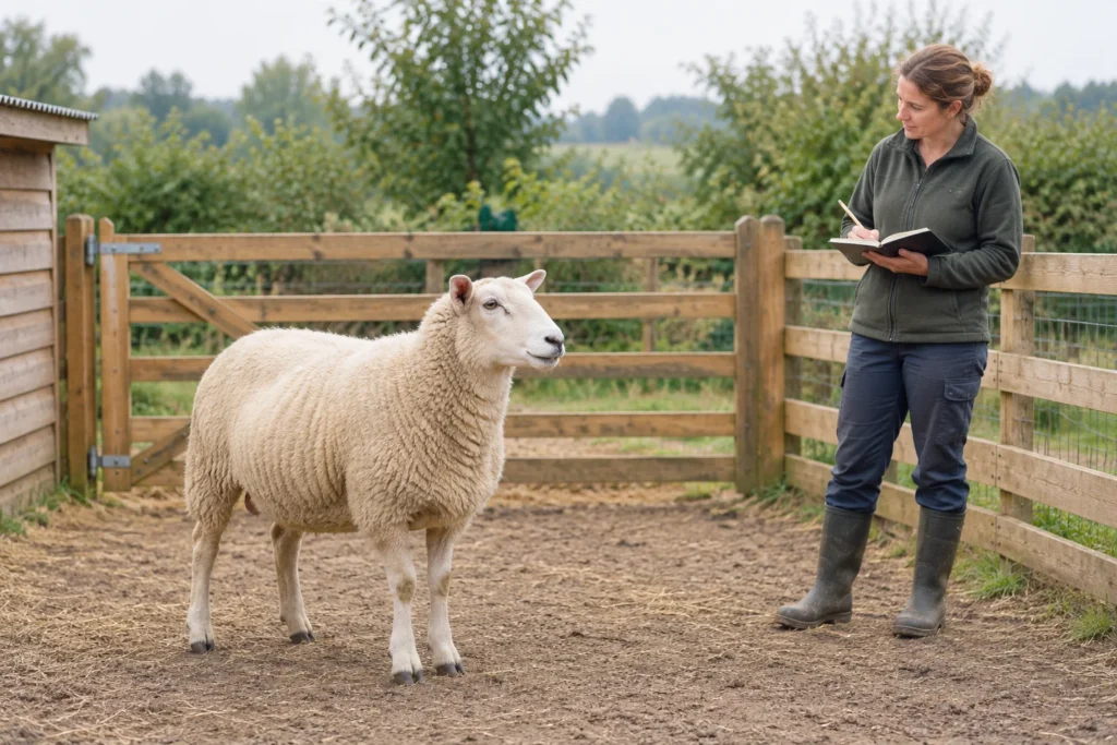 Een schaap staat in een houten omheining terwijl een vrouw ernaast in een notitieboek schrijft.