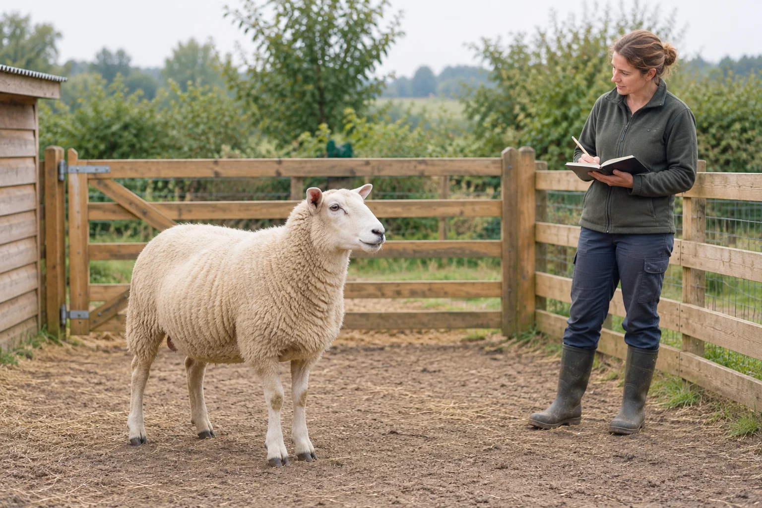 Een schaap staat in een houten omheining terwijl een vrouw ernaast in een notitieboek schrijft.