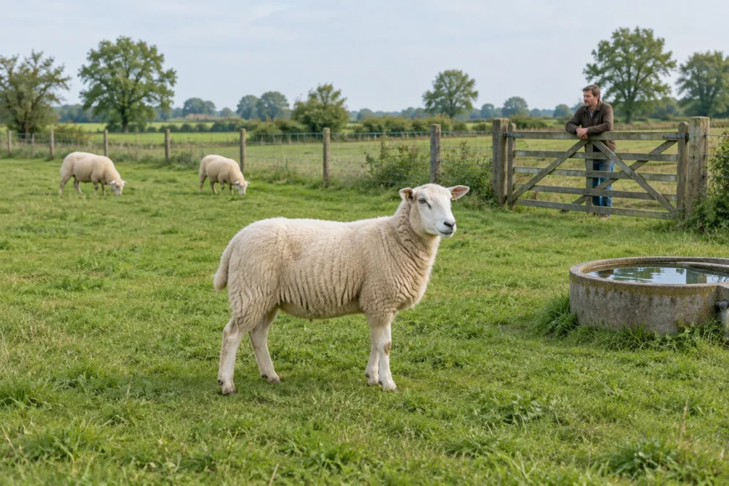 Een schaap staat in een grasweide bij een drinkbak. Verderop grazen twee schapen en staat een persoon bij een houten hek.