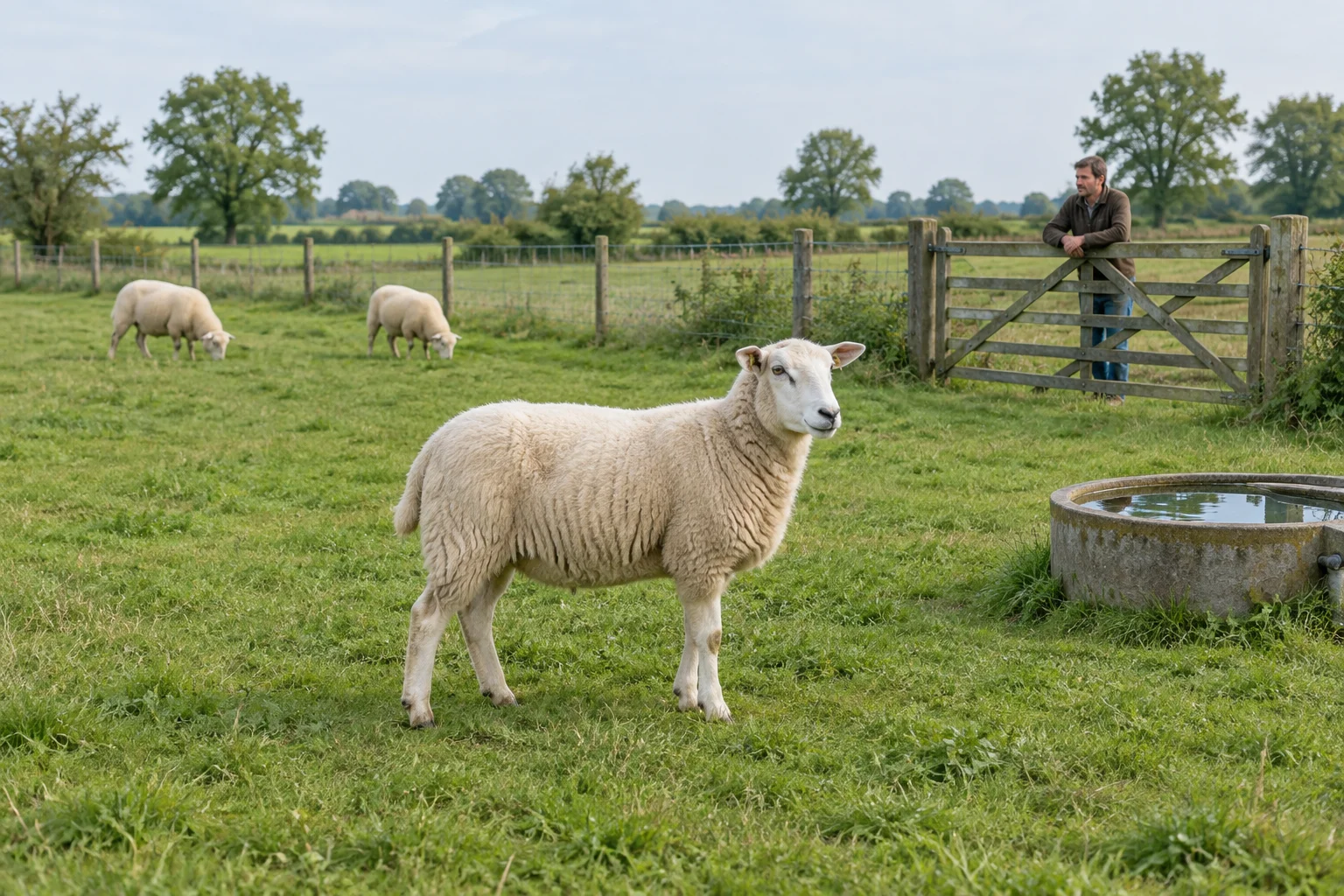 Een schaap staat in een grasweide bij een drinkbak. Verderop grazen twee schapen en staat een persoon bij een houten hek.