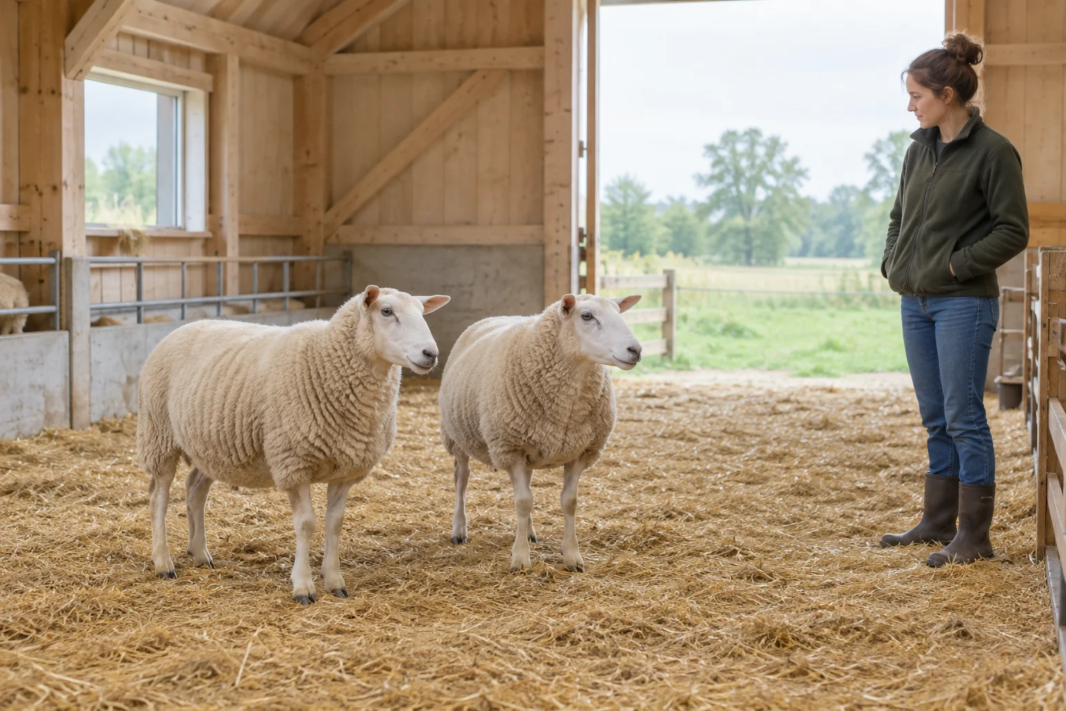 Twee schapen staan op stro in een stal terwijl een vrouw naar hen kijkt.