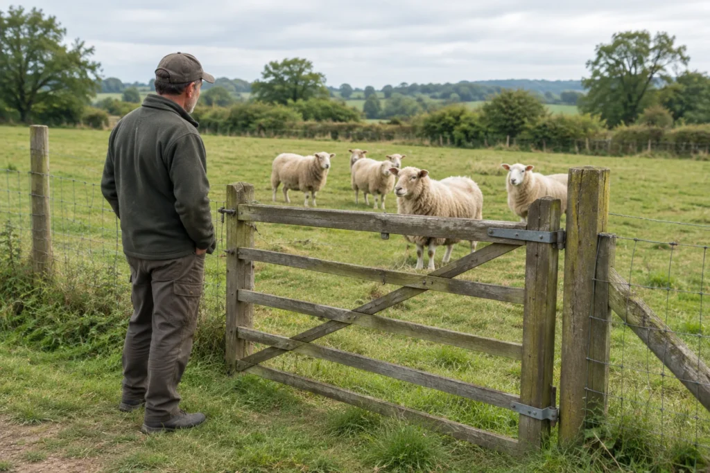 Een houder staat bij een gesloten houten hek en kijkt naar schapen in een omheinde weide.