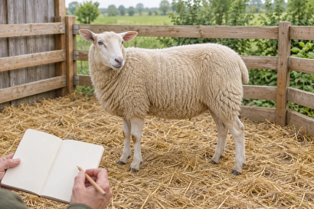 Een lichtwollig schaap staat op stro in een houten omheining. Op de voorgrond houdt iemand een leeg notitieboek en een potlood vast.