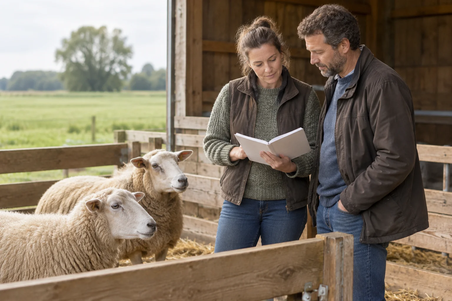 Twee mensen bekijken samen een open notitieboek naast twee schapen in een houten stal.