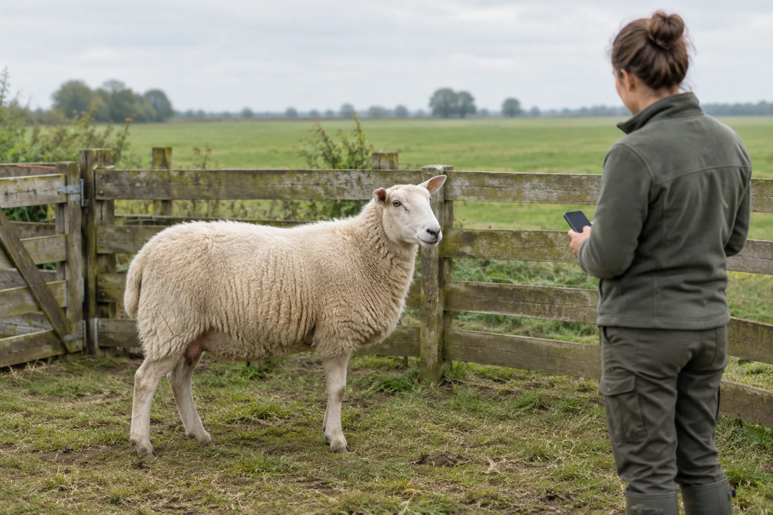 Een wollig schaap staat in een houten omheining terwijl een vrouw op enige afstand met een telefoon in haar hand naar het dier kijkt.