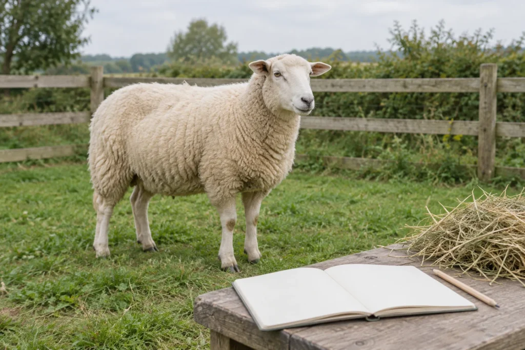 Wit schaap in een grasweide bij een houten hek, met op de voorgrond een leeg notitieboek, een potlood en hooi op een houten tafel.
