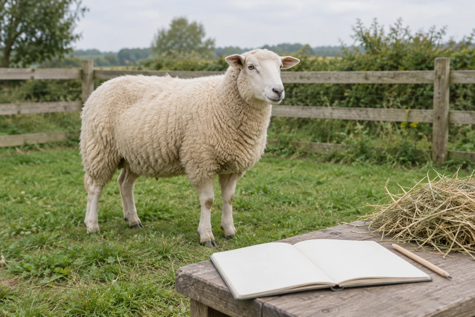 Wit schaap in een grasweide bij een houten hek, met op de voorgrond een leeg notitieboek, een potlood en hooi op een houten tafel.