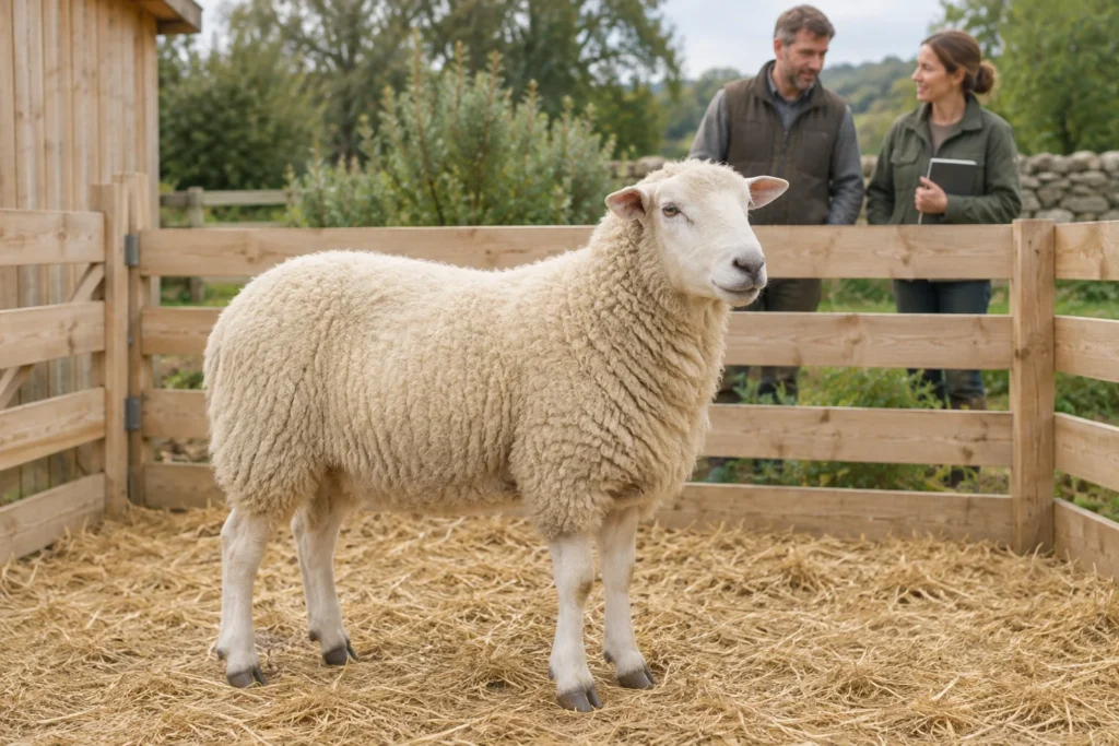 Een wit schaap staat op stro in een houten omheining. Twee mensen praten achter het hek.