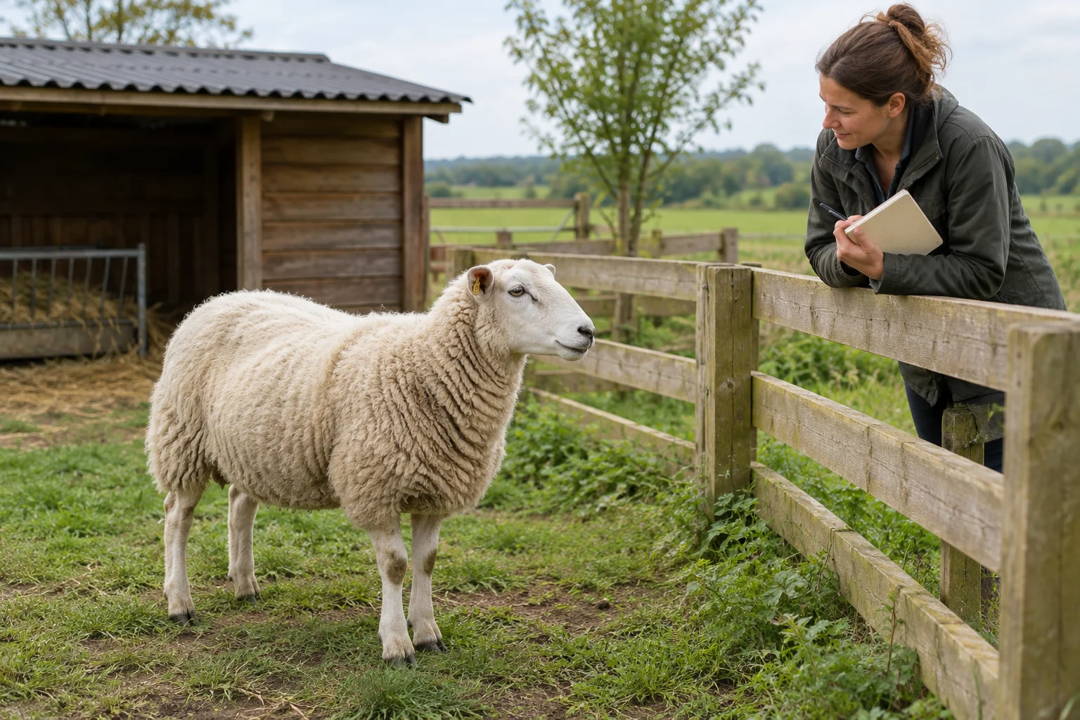 Een schaap met een oormerk staat bij een houten hek. Een vrouw kijkt naar het schaap en houdt een notitieboek en pen vast.