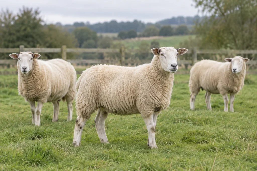 Illustratie van drie schapen in een grasweide met een hek op de achtergrond.