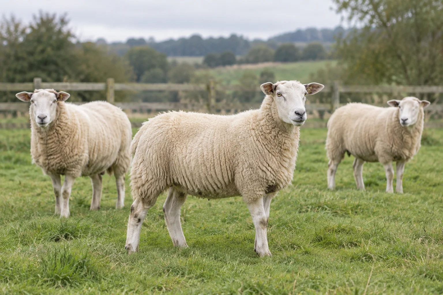 Illustratie van drie schapen in een grasweide met een hek op de achtergrond.
