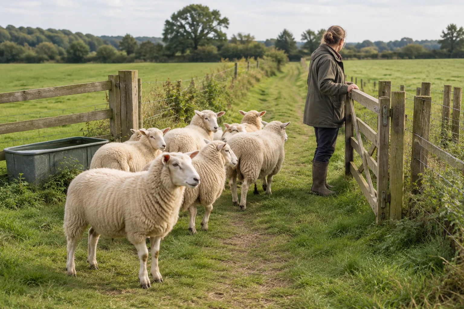Een kudde schapen staat op een graspad tussen weilanden, naast een drinkbak en een houten hek waar een houder vooruitkijkt.