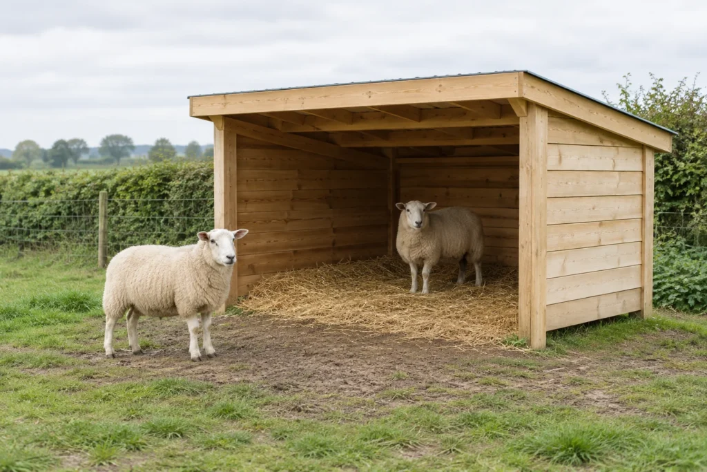 Twee schapen bij een open houten schuilstal met stro op de bodem; één schaap staat binnen en één buiten.