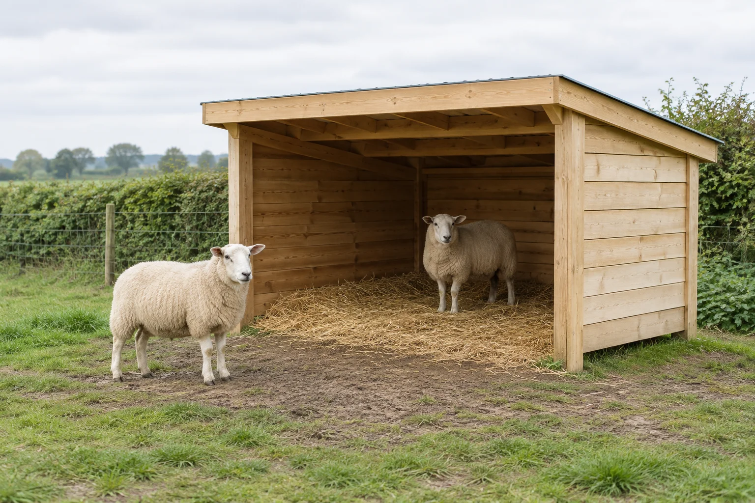 Twee schapen bij een open houten schuilstal met stro op de bodem; één schaap staat binnen en één buiten.