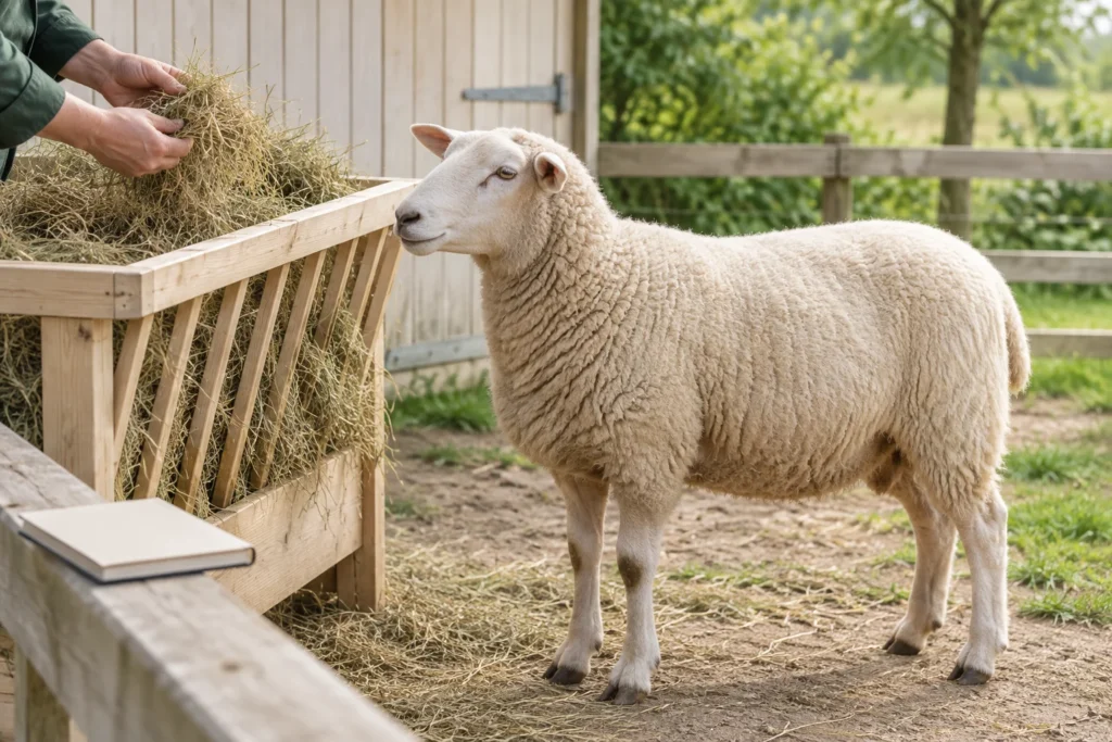 Een wit schaap staat naast een houten ruif met hooi. Handen houden een pluk hooi vast; op de voorgrond ligt een gesloten notitieboek.