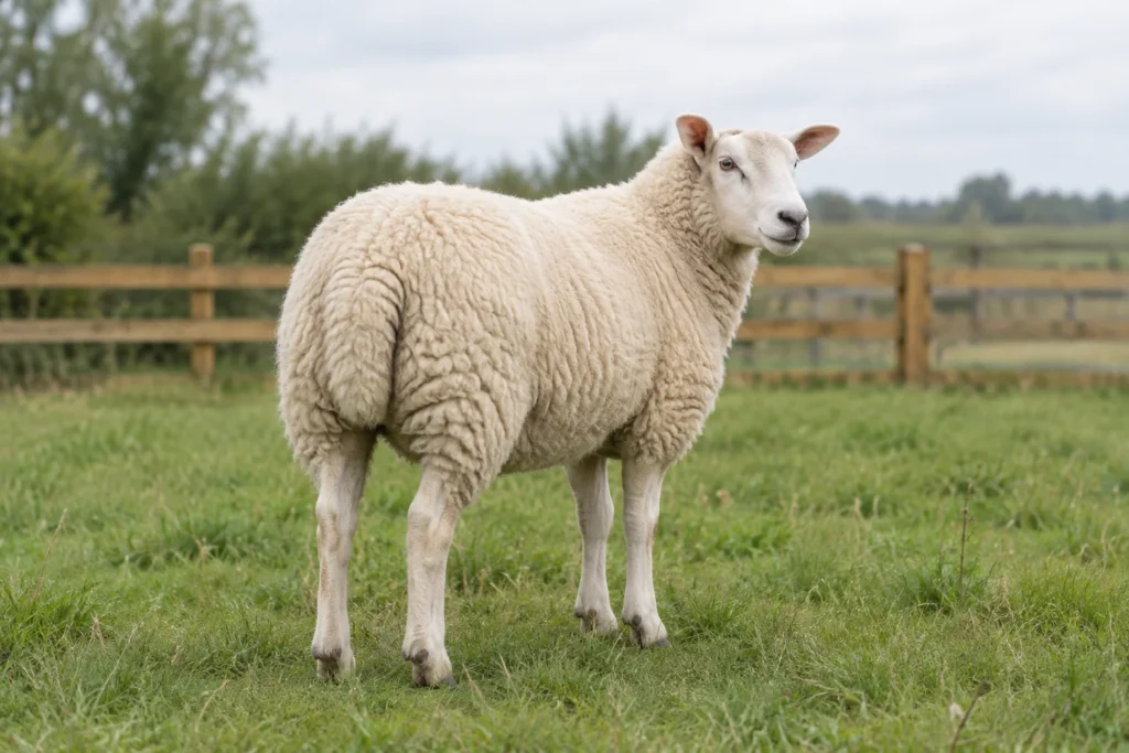 Illustratie van een wit schaap met een bewolde staart in een omheinde weide.