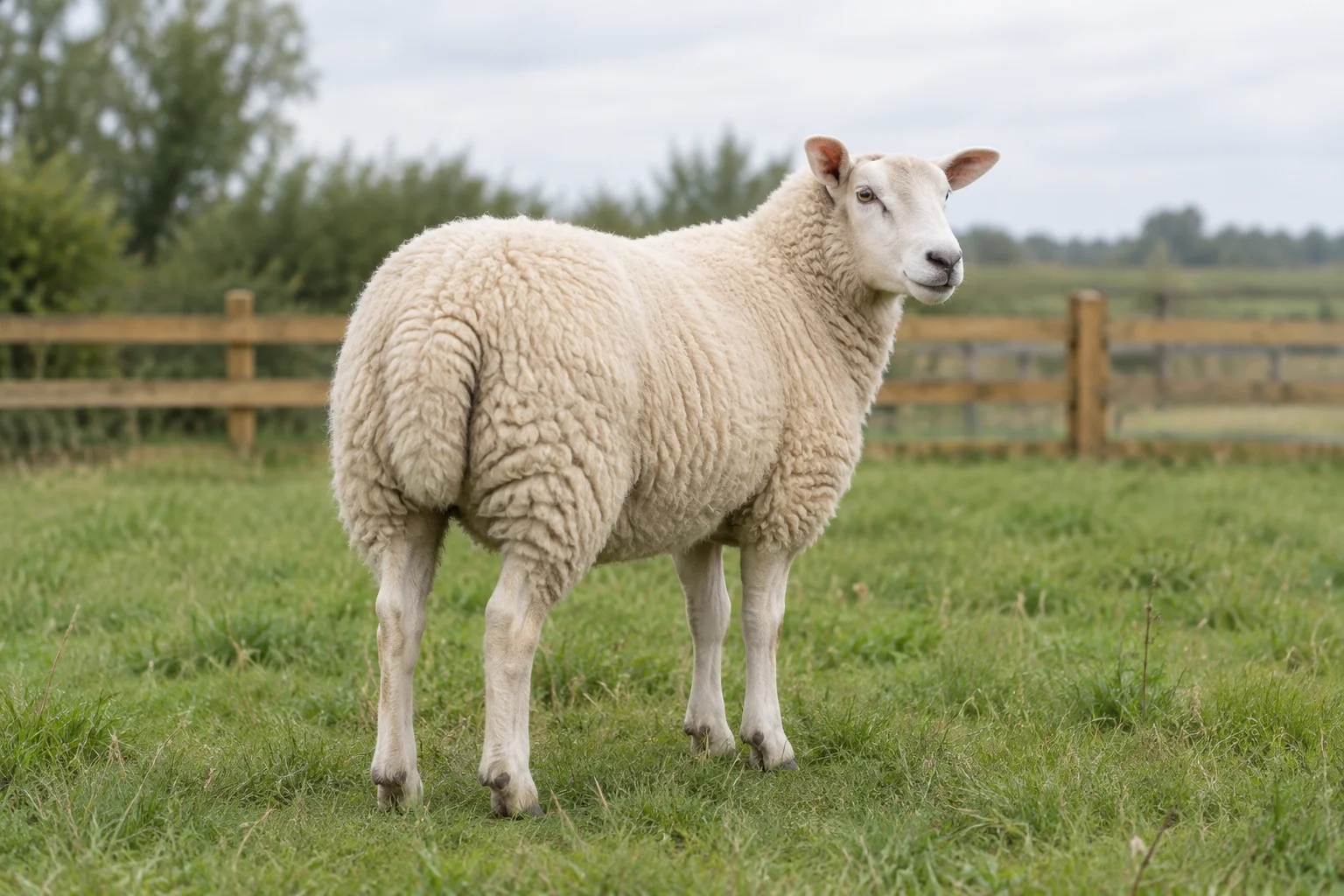 Illustratie van een wit schaap met een bewolde staart in een omheinde weide.