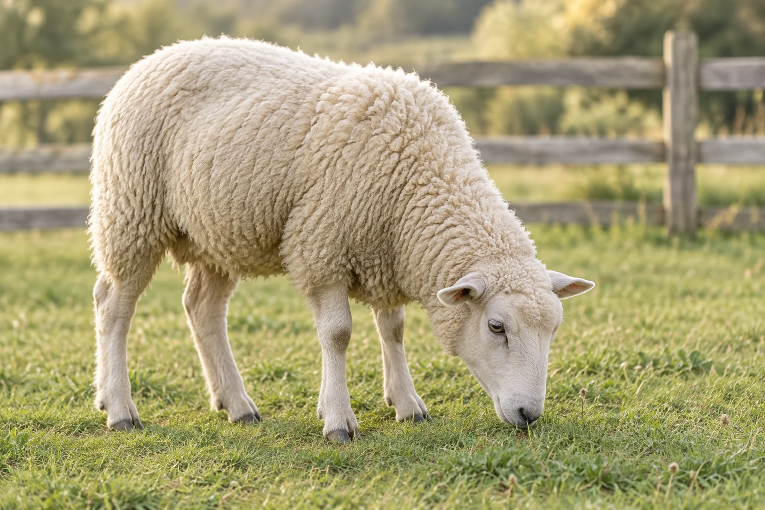 Een wit schaap graast met de kop omlaag in een groene weide.