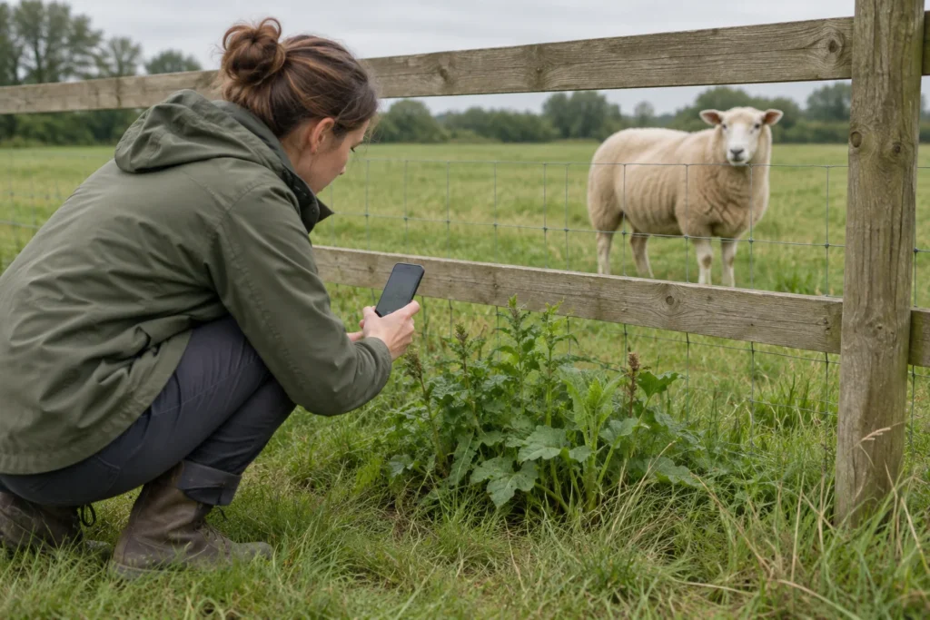 Een persoon fotografeert planten bij een houten weidehek. Aan de andere kant van het hek staat een schaap.