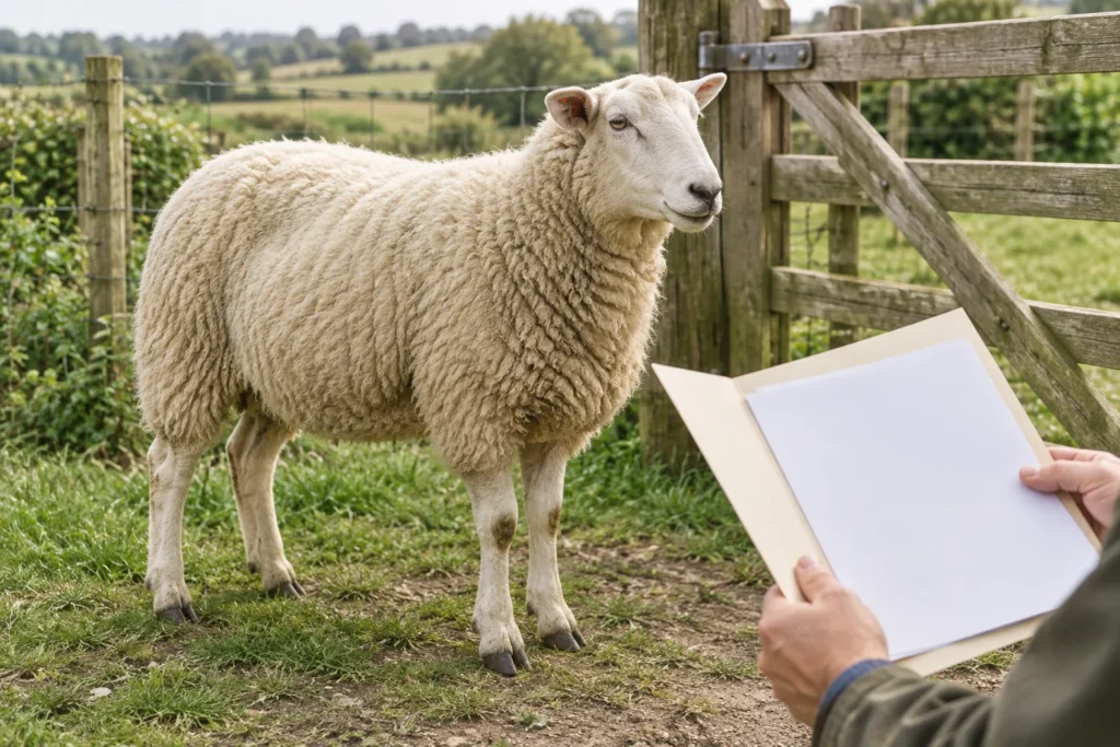 Illustratie van een schaap bij een hek, naast een persoon met een open map met blanco papier.