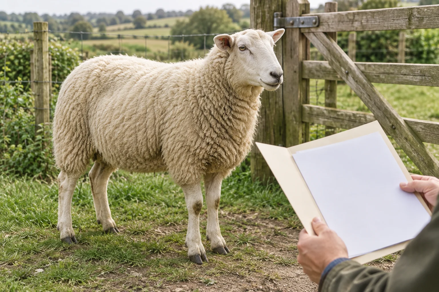 Illustratie van een schaap bij een hek, naast een persoon met een open map met blanco papier.