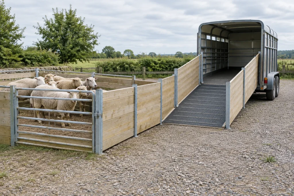 Illustratie van schapen in een omheinde ruimte naast een veetrailer met een neergelaten laadklep en hoge zijwanden.