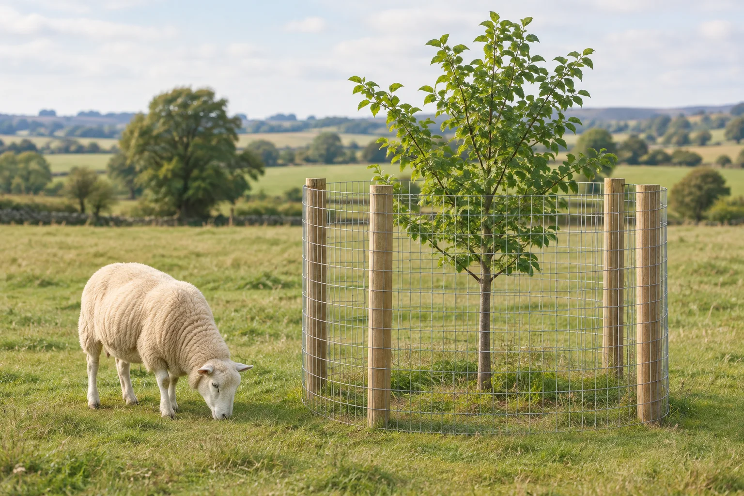 Een schaap graast naast een jonge boom die binnen een ronde afrastering van gaas en houten palen staat.