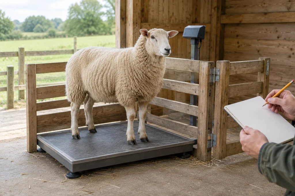 Een schaap staat op een weegplateau in een houten omheining. Naast het dier houdt iemand een leeg notitieboek en een potlood vast.